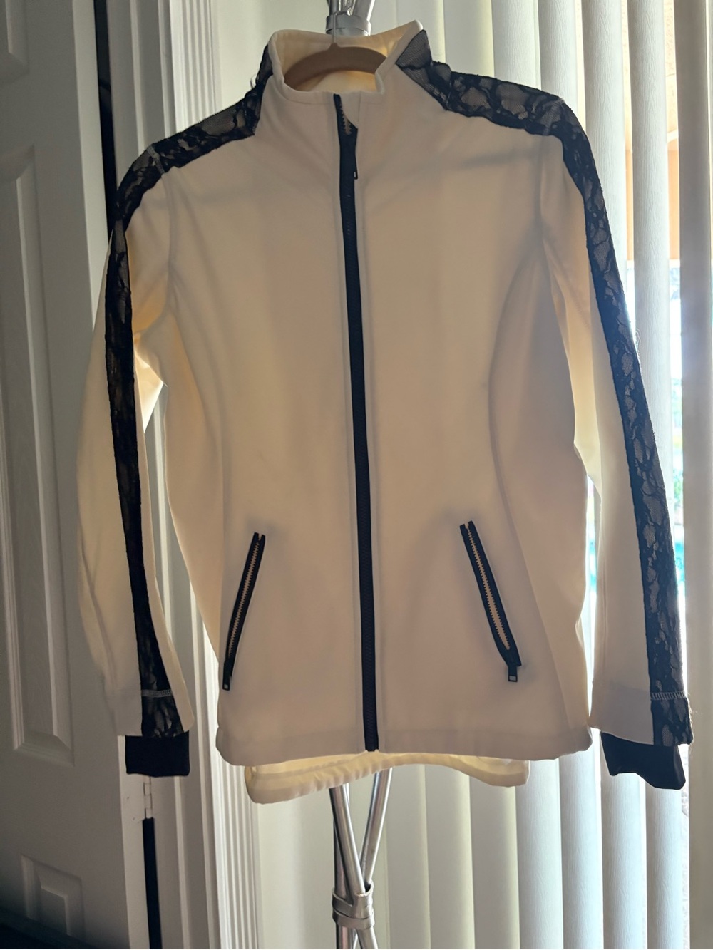 Women's White Zip-Up Jacket with Black Lace Trim